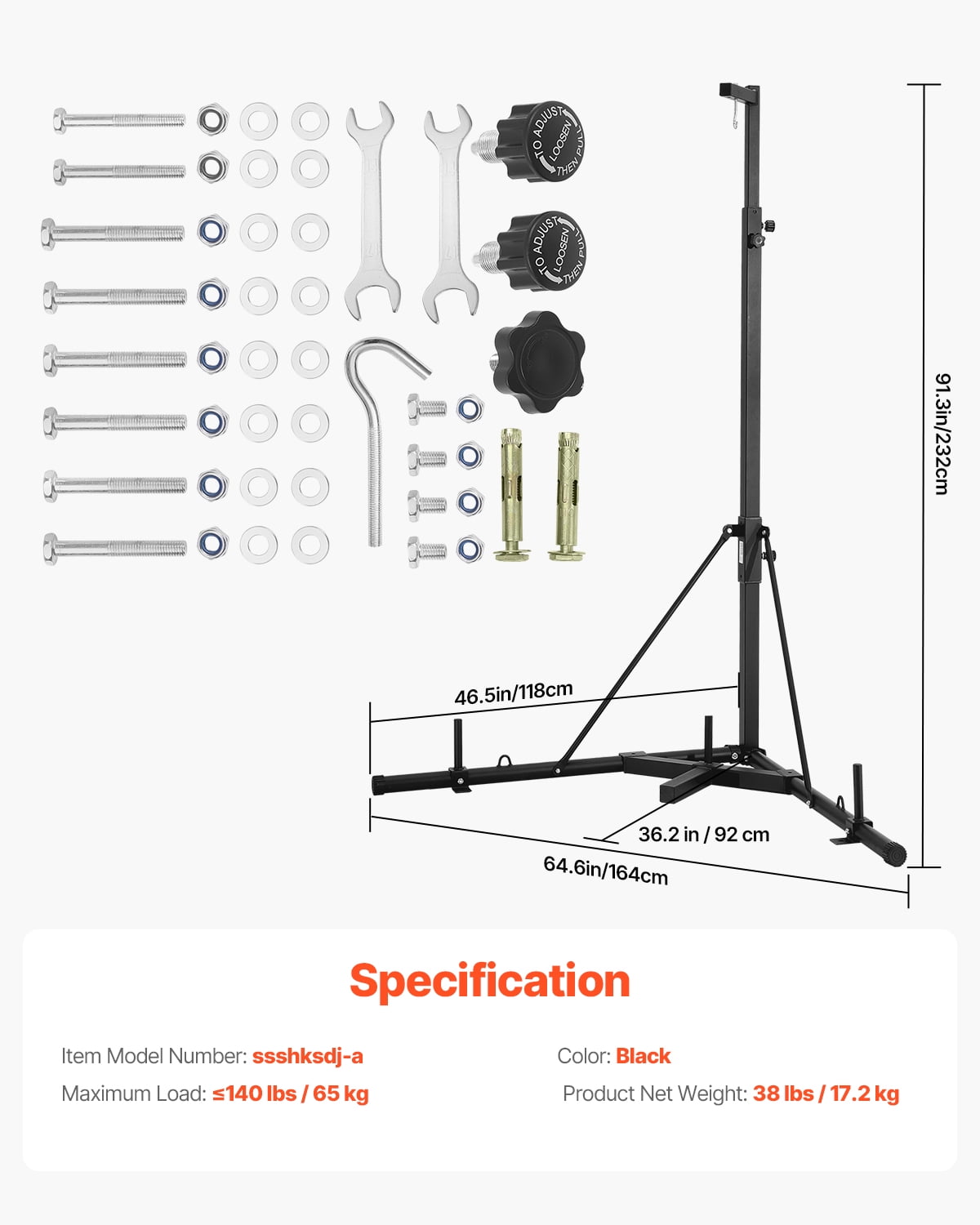 VEVOR Punching Bag Stand, Steel Heavy Duty Workout Training Equipment, Adjustable Height Boxing Punching Stand with Weighted Base, Holds Up to 140 lbs, Freestanding Sandbag Rack for Home Gym Fitness