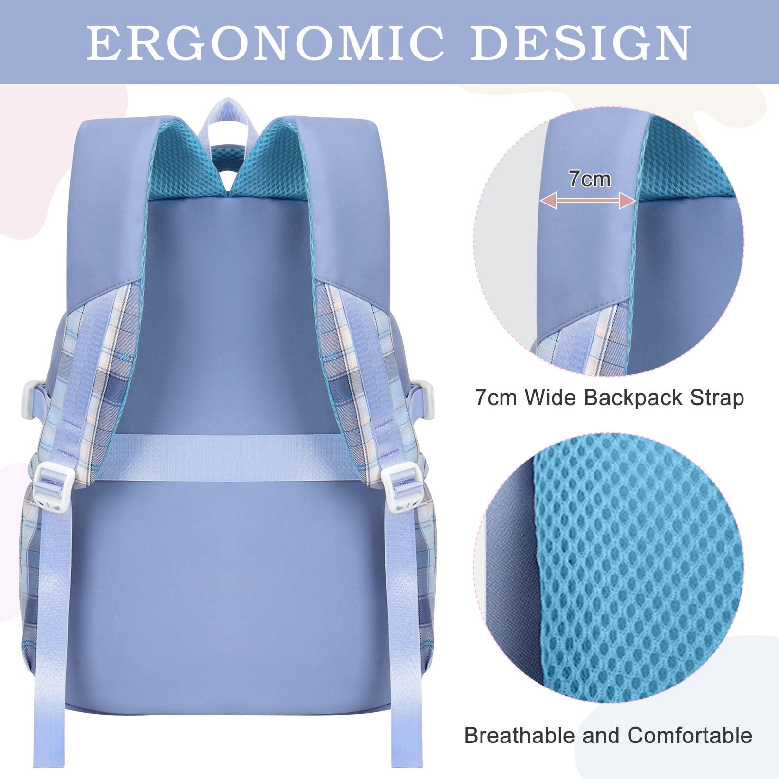 DAKIMOE Blue School Backpack for School, Travel, Work, Large Capacity Waterproof Bookbag with 7 Compartments and Luggage Belt