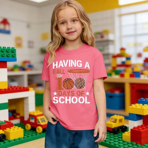 Las niñas camiseta de manga corta - de vuelta a la escuela Casual de alta calidad camiseta de algodón suave, tamaños de 2-13 años, 14 colores, lindo diseño de 100 días de impresión gráfica