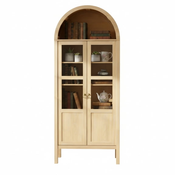 EDX Pantry Storage Cabinet, 71-Inch Wood Tall Storage Display Cabinet with Rounded Arched Top in Oak Finish and 2 Doors