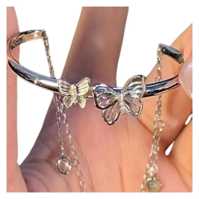 Visland Bracelet Chaîne pour Femmes Décor à Franges Demi-Ouverture Réglable Pendentif Papillon Acier Inoxydable Poli Bracelet Exquis pour Femme Bijoux