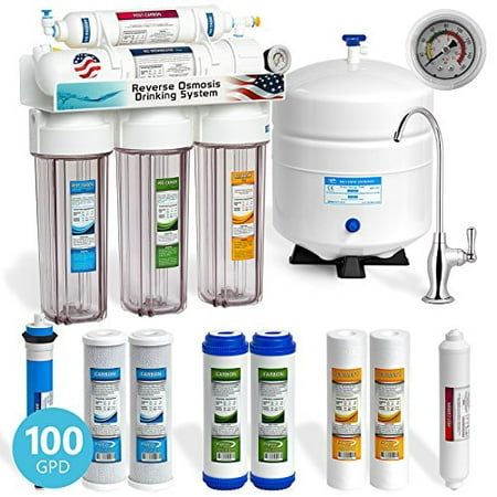 Express Water 5 Stage Under Sink Reverse Osmosis Filtration System 100 GPD RO Membrane Clear Housing Deluxe Faucet Pressure Gauge - Ultra Safe Residential Water Purification - Extra Set of 4