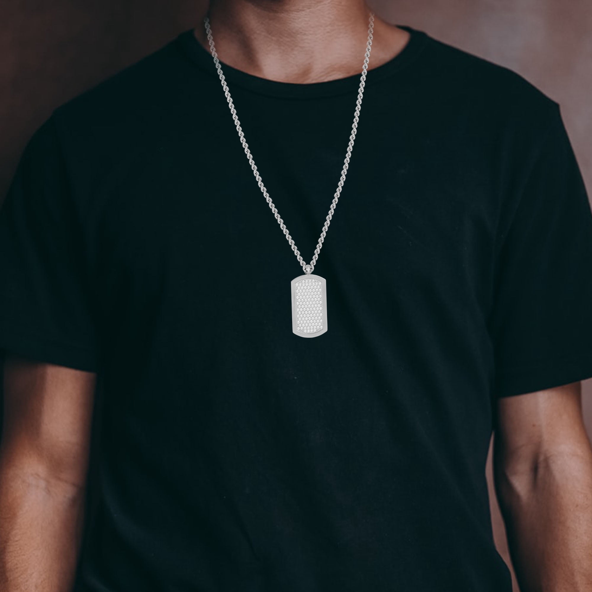 Arista Cubic Zirconia Diamonds Dog Tag Men's Pendant in Stainless Steel, 24"