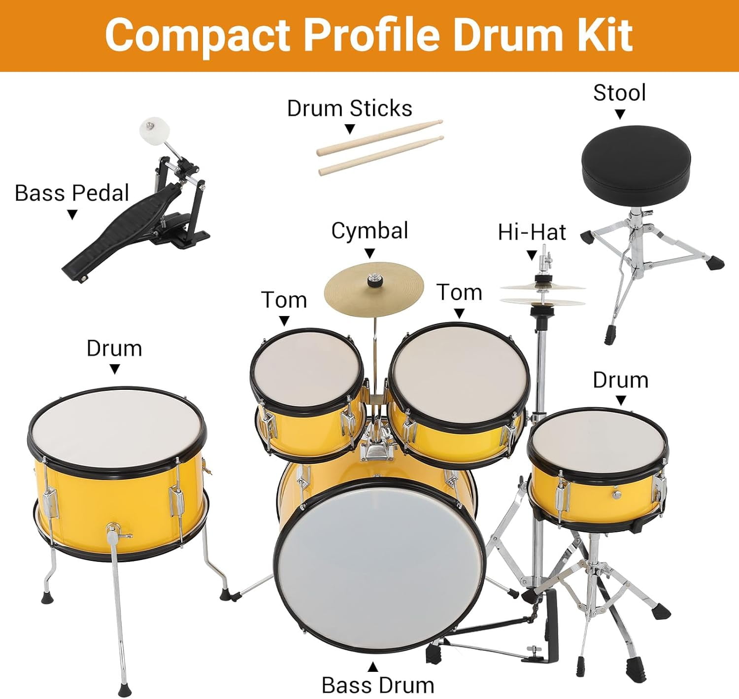 TEQIN Kids Drum Set,Junior Drum Kit,Drum Set for Musical Instruments,Full 16in Youth Drum Set With Bass Drum,Tom, Snare Drum,Hi-Hat,Cymbal and Drum Pedal for Beginner,5-Piece for Beginners