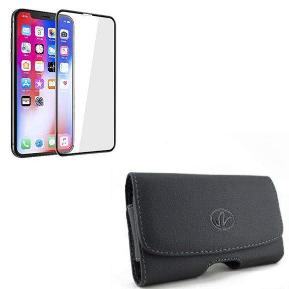 Black Leather Side Case Cover Protective Pouch w Tempered Glass Screen Protector 5D Touch Full Cover Compatible With iPhone XS Max