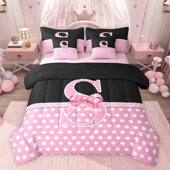 Castle Fairy Teenagers Pink Bowknot Letter Monogrammed S Twin Bedding Sets 7-Piece,White Polka Dots Bedding Comforter Set Microfiber,Retro Vintage Aesthetic Breathable Sheet Sets