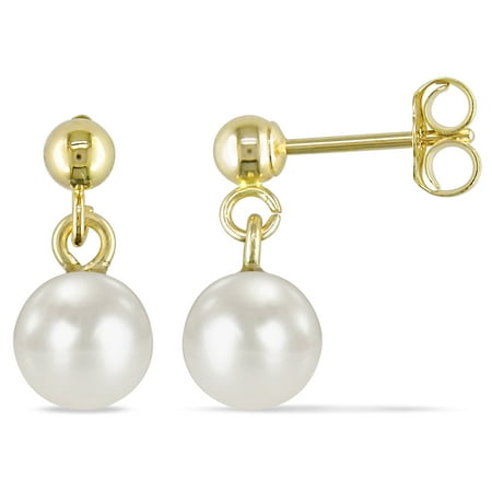 Miabella 5.5-6mm White Cultured Freshwater Pearl 14kt Yellow Gold Drop Earrings