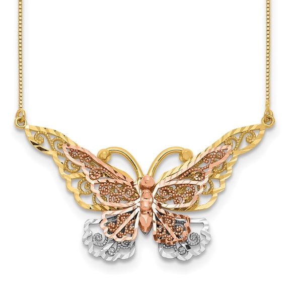 Diamond2Deal 14k Yellow and Rose Gold with Rhodium Butterfly Box Chain Necklace for Women 17"