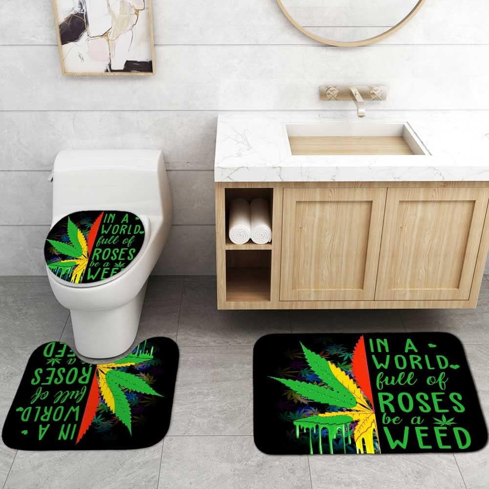 4PCS/Set Weed Leaf Shower Curtain set, Jamaican Rasta Reggae Cannabis Marijuana Leaf Bathroom Decor, Waterproof Fabric Black Bath Curtain, Non-Slip Bath Rugs Toilet Carpet, Green Red Yellow