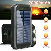 Solar Charger, MDHAND 20000mAh Portable Outdoor Waterproof Solar Power Bank, Camping External Backup Battery Pack Dual 5V USB Ports Output, Led Light Flashlight with Compass (Black)