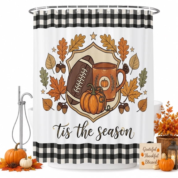 Thanksgiving Shower Curtain, Waterproof Shower Curtains for Bathroom, Fall Pumpkin Rugby Maple Leaf Gingham Washable Fabric Bathtub Curtain Set Bath Decor with 12 Hooks Stall 36"x72"