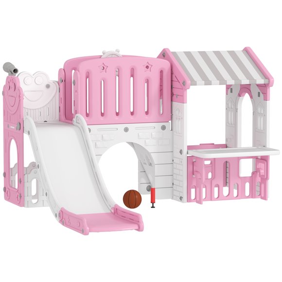 Qaba 7-in-1 Toddler Slide with Playhouse and Basketball Hoop, Kids Slide Climber Playset for Indoor Play, Pink