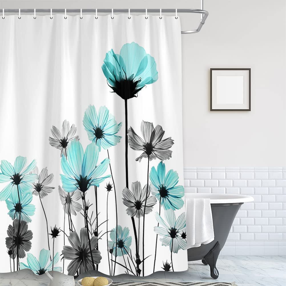 Teal Shower Curtain, Rustic Elegant Floral Turquoise and Gray Daisy