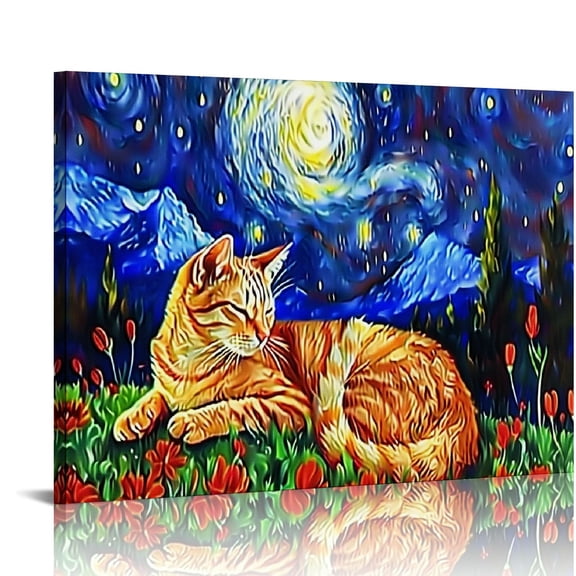 Orinice  Unframed Starry Night Styled Orange Tabby Cat Animals Lover Family Peace Love Oil Painting Art Print Wall Decor  20x16in