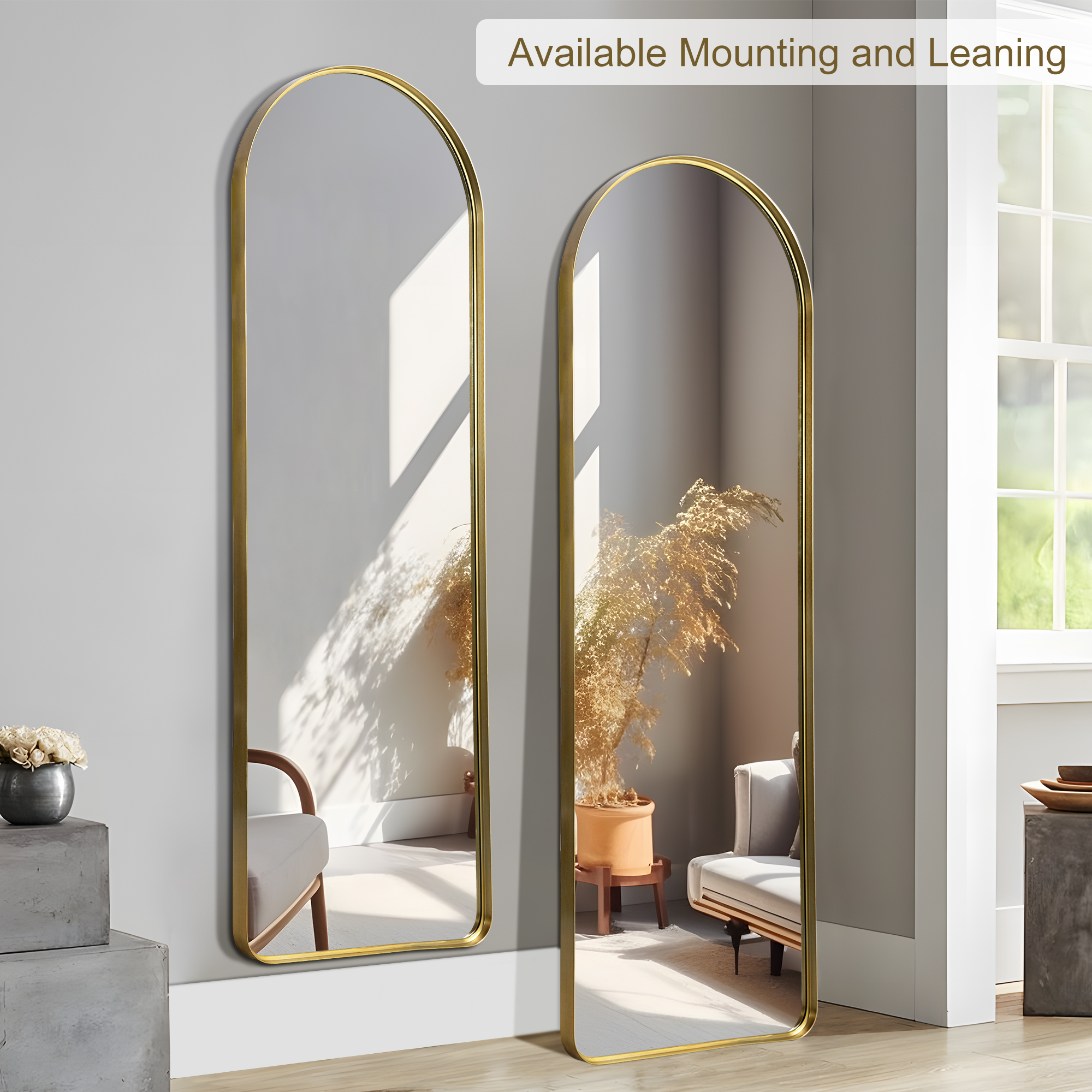 71"x32" Aluminum Alloy Wall Mount Rounded Corner Arched Mirror,Gold Vertical hanging without bracket