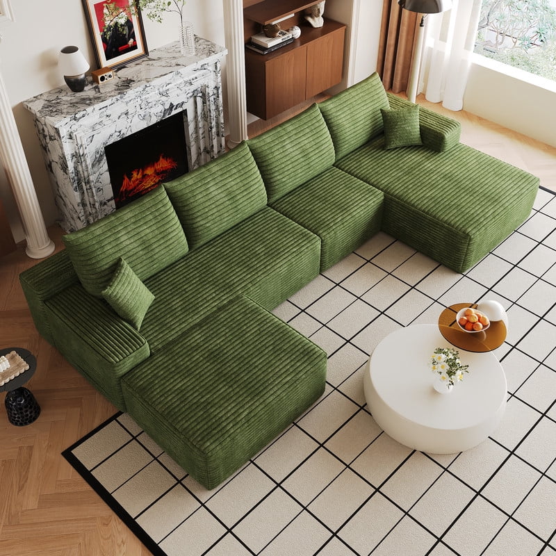 135" Cloud Sectional Sofa with Ottoman, U Shaped Modular Sectional Couch, Modern Minimalist Deep Seat Upholstered Sofa with Chaise, Plush Corduroy Fabric Living Room Sofa Set, No Assembly Required