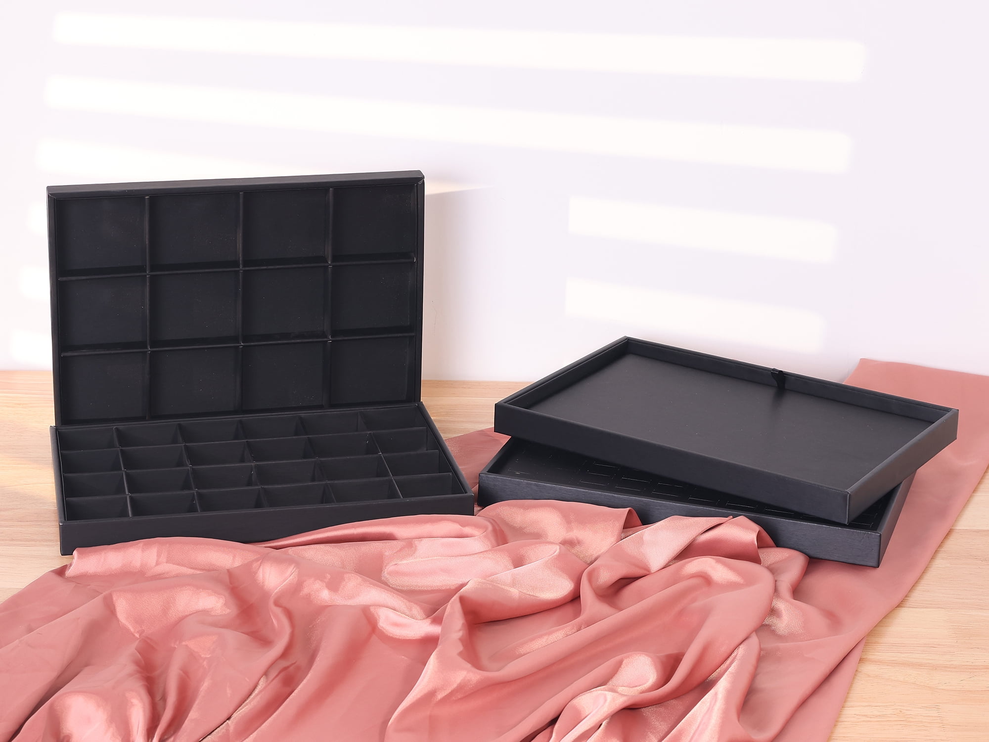 Unique Bargains Set of 2 PU Leather Jewelry Boxes Organizer Trays with Removable Dividers Black 12 Grid Tray