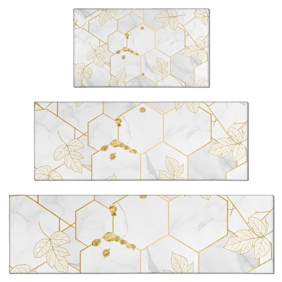 White Gold Leaf Marble Pattern Kitchen Rugs Sets Of 3,Kitchen Runner Rugs Non Skid Washable,Decorative Kitchen Floor Mats for Kitchen,Sink,Laundry,17"x30" 17"x47" 17"x59"