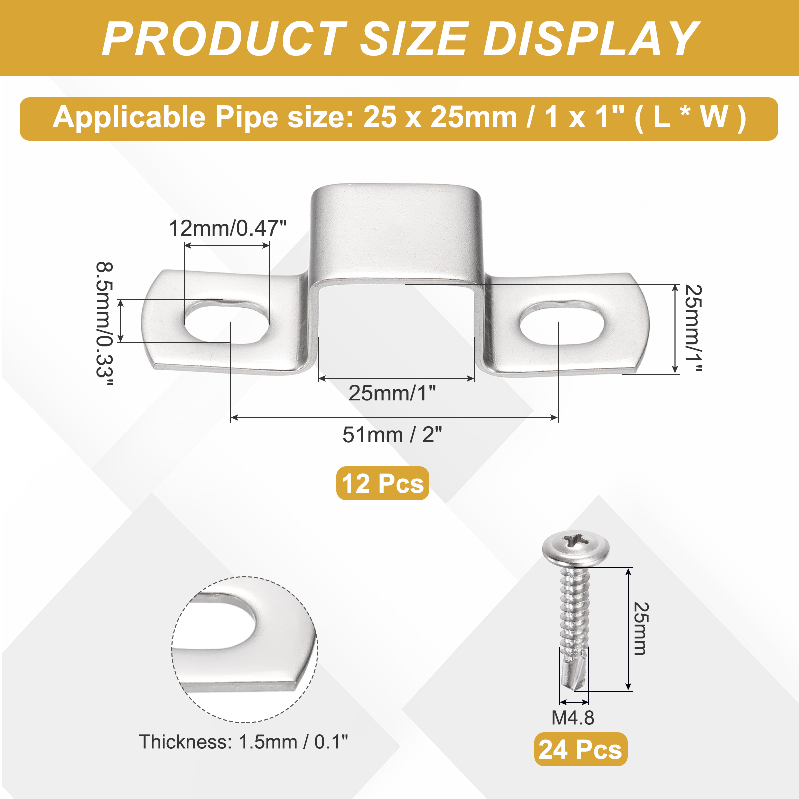Uxcell 12Pcs U Shape Square Tube Clamp, 25x25mm U Shaped Bracket 304 Stainless Steel Square Strap Clamp with Phillips Head Self Drilling Screws for Pipes Door Closed Bar Holder Railings