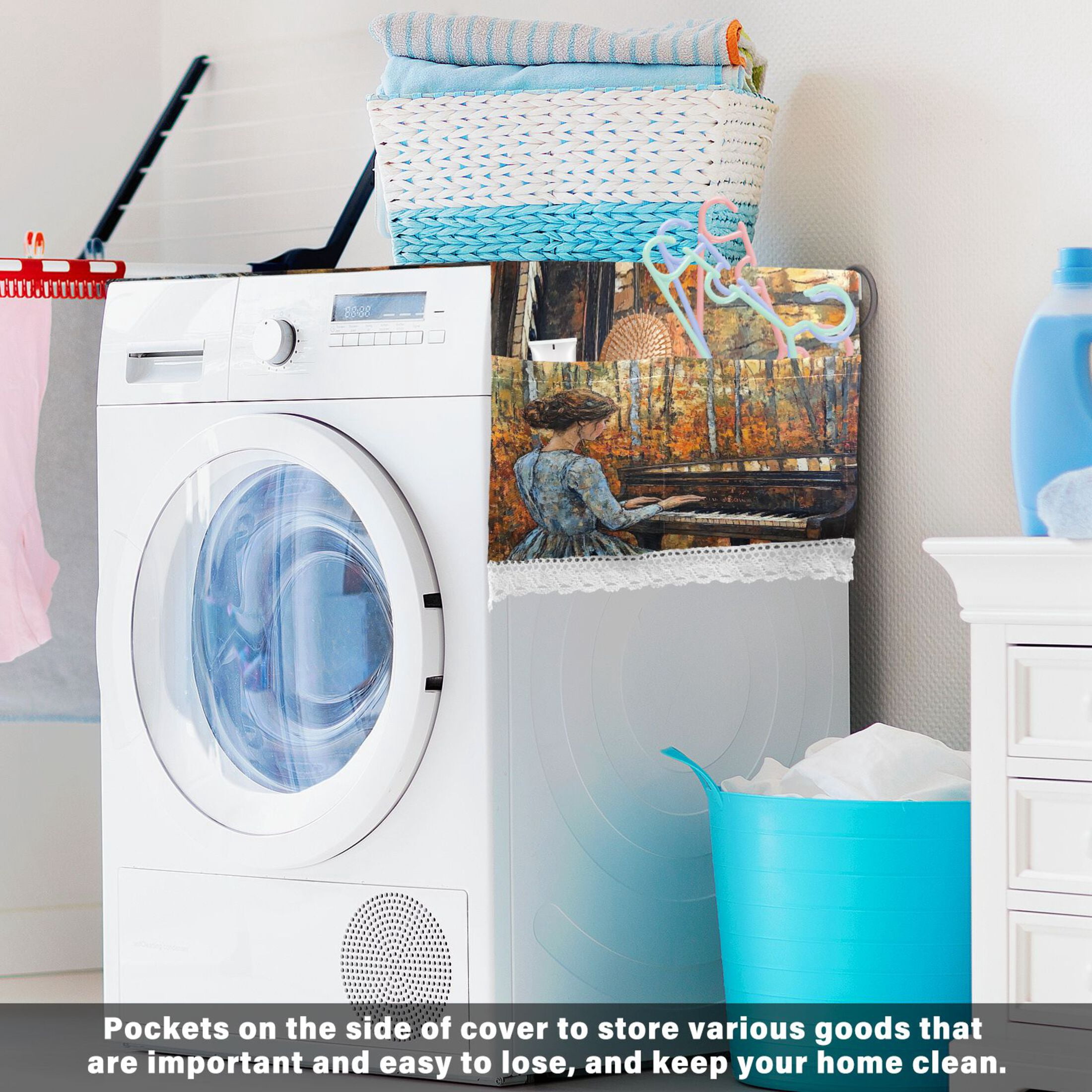 The Girl Plays The PianoWasher and Dryer Covers Dust-Proof and Oil Resistant Fridge Cover with 4 Storage Pockets Washing Machine Top Cover for Laundry Kitchen Home 51.2 x 22 In