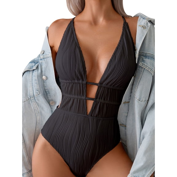 Deago Women's Sexy One Piece Swimsuit Plunge Deep V Neck Cutout Bathing Suits Textured Ruched Crisscross Back Self Tie Swimwear (Black, S)