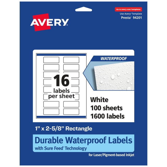 Avery Durable Waterproof Rectangle Labels with Sure Feed, 1" x 2-5/8", 1,600 Oil and Tear-Resistant Waterproof Labels, Print-to-The-Edge, Laser/Pigment-Based Inkjet Printable Lab