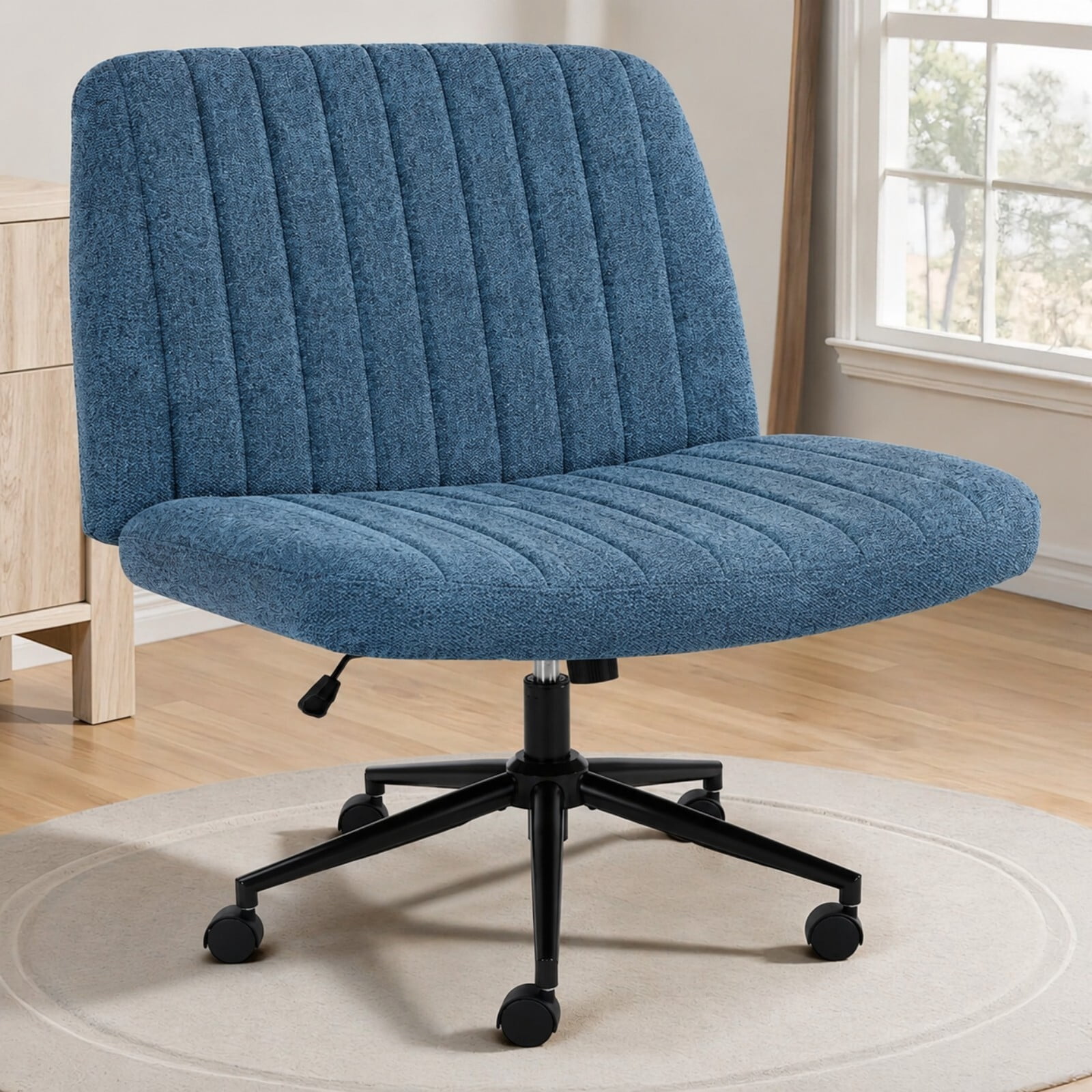 Kelno Armless Criss Cross Office Chair with Wheels 300lb Capacity Wide Seat Cross Legged Desk Chair Height Adjustable Swivel Vanity Chair, Blue Linen