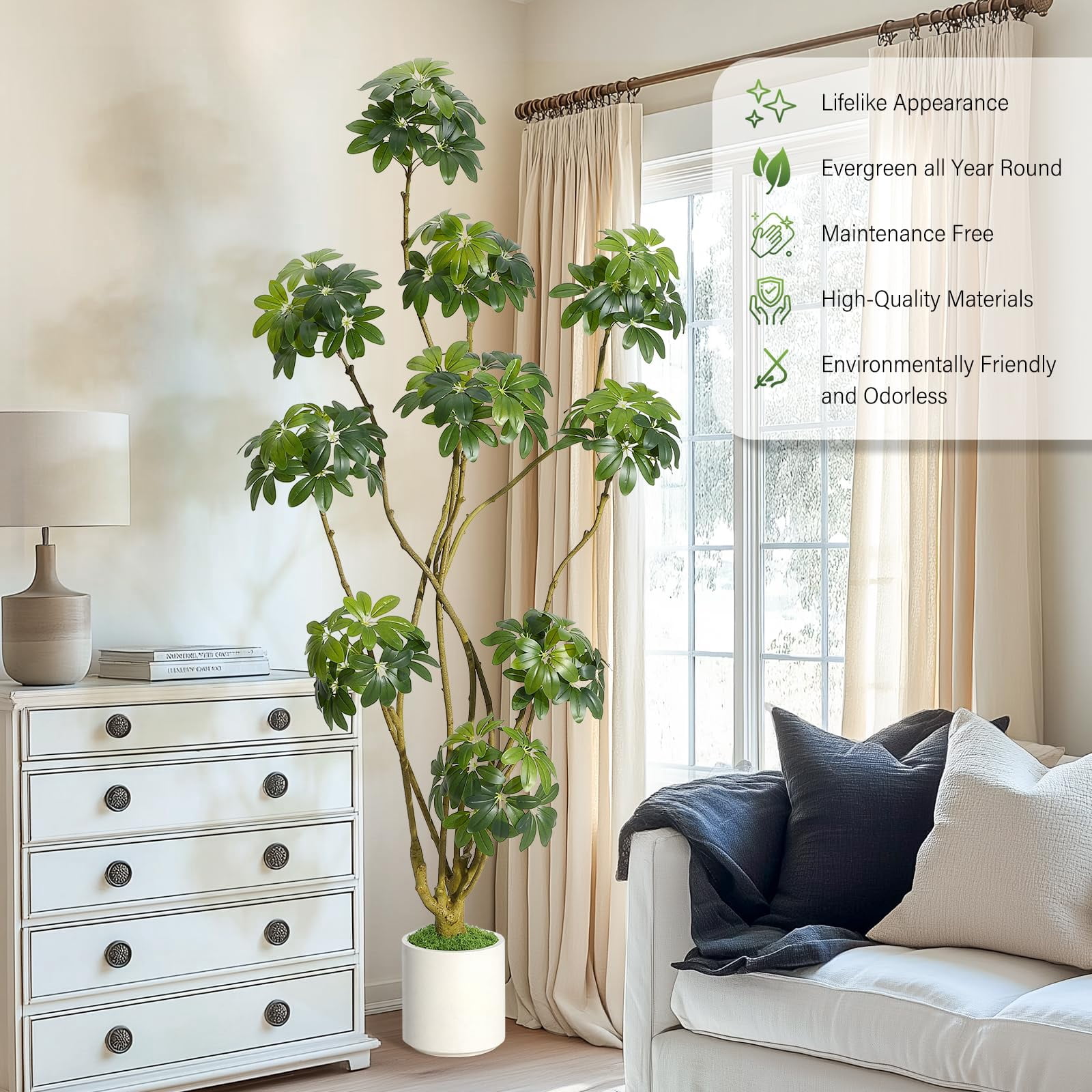 Litake 7 ft Tall Fake Plant Indoor,Faux Floor Tree Fake Trees in Decorative White Planter with Multiple Trunks Design, Artificial Umbrella Schefflera Tree for Home Offices Porch Decor