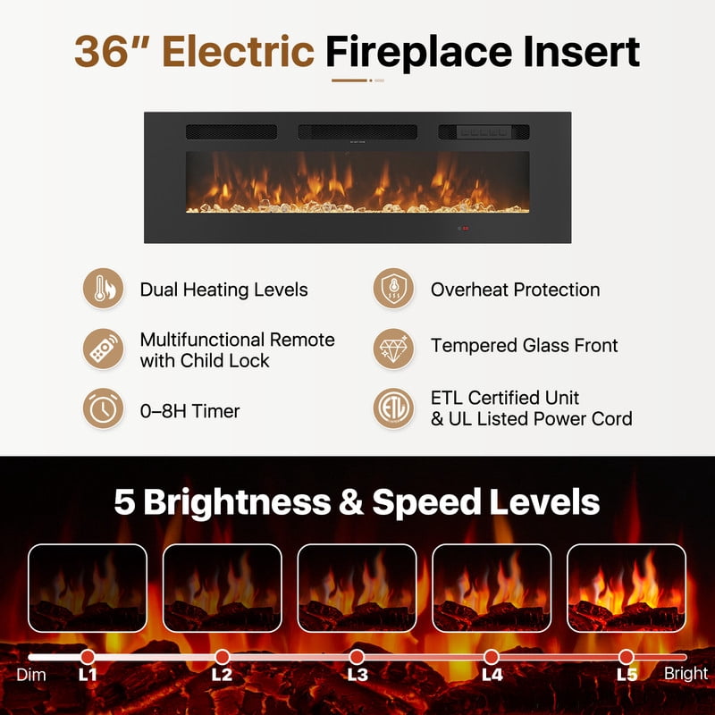 BaPiPro Mid‑Century Modern Fireplace TV Stand with 36 Inch Electric Fireplace 12‑Color RGB LED Lights Fits TVs up to 80 Inch Wood Media Console with Slatted Sliding Doors for Living Room Black