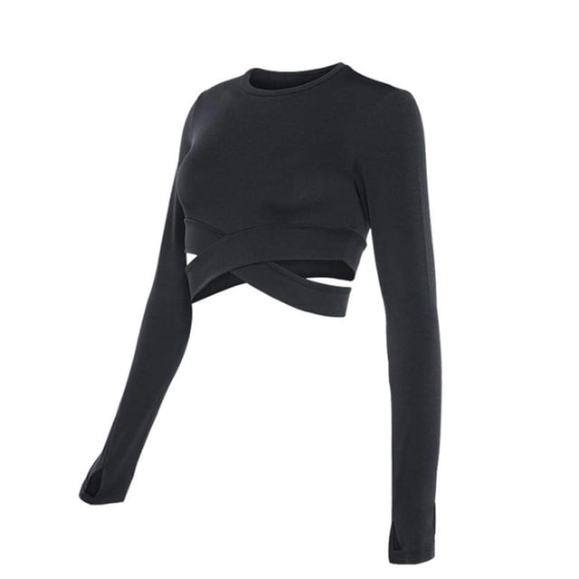 Camisetas Cortas Con Cuello Redondo Para Mujer, Camisetas Deportivas De Manga Larga Cruzadas Para La Barriga Para Yoga, Fitness, Camisetas Sin Mangas Para Correr Moyic OD016221-01
