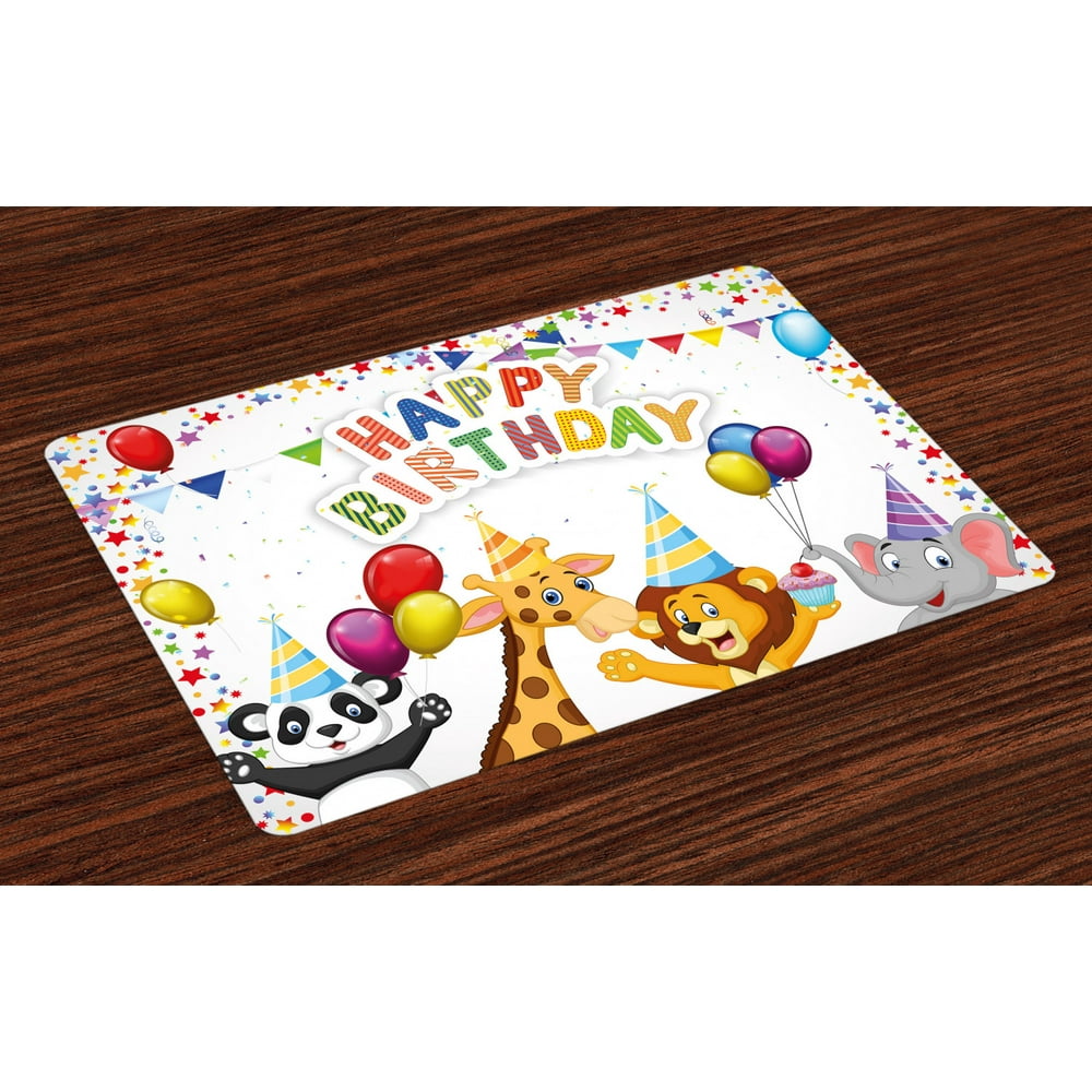 Kids Birthday Placemats Set of 4 Cartoon Style Safari Jungle Animals at