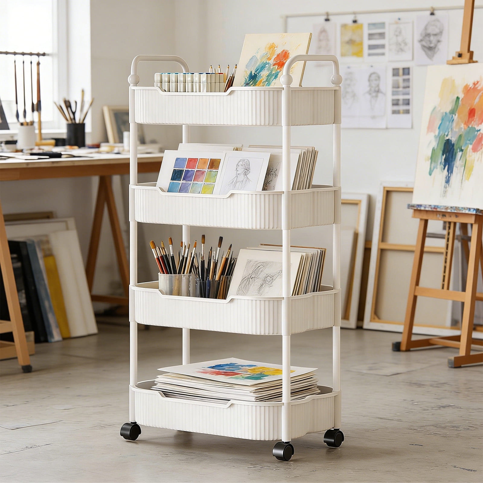 4-Tier Rolling Utility Cart, Multifunctional Storage Organizer with Plastic Shelf & Metal Wheel, Storage Cart for Kitchen, Bathroom, Living Room, Office