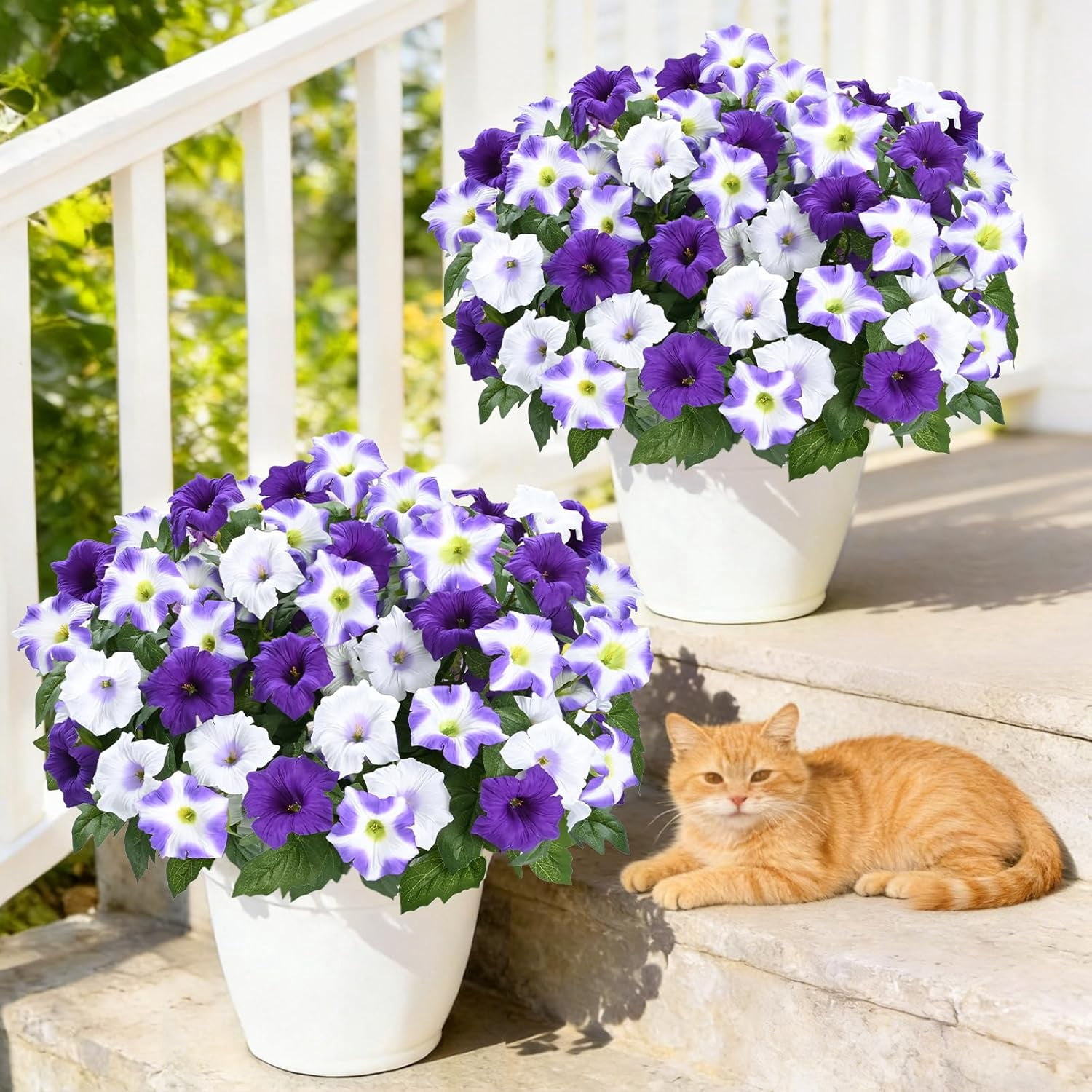 Artificial Flowers for Outdoors, 5 Bundles Realistic Fake Outdoor Flowers, UV Resistant Silk Petunia Flower for Outside Look Real Faux Flower Plants for Outdoor Porch Decor, Purple White