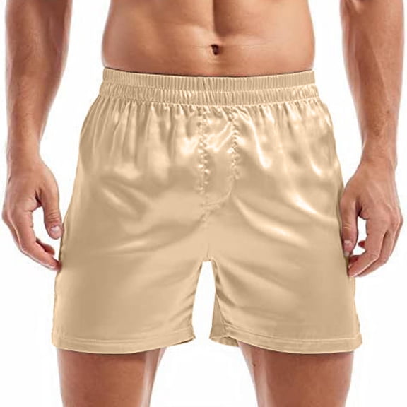 YLSDY Fashion Mens Satin Boxers Lounge Shorts Solid Color Sleepwear Casual Shorts Silk Pajama Bottom Lounge Sleep Shorts for Men Beige L