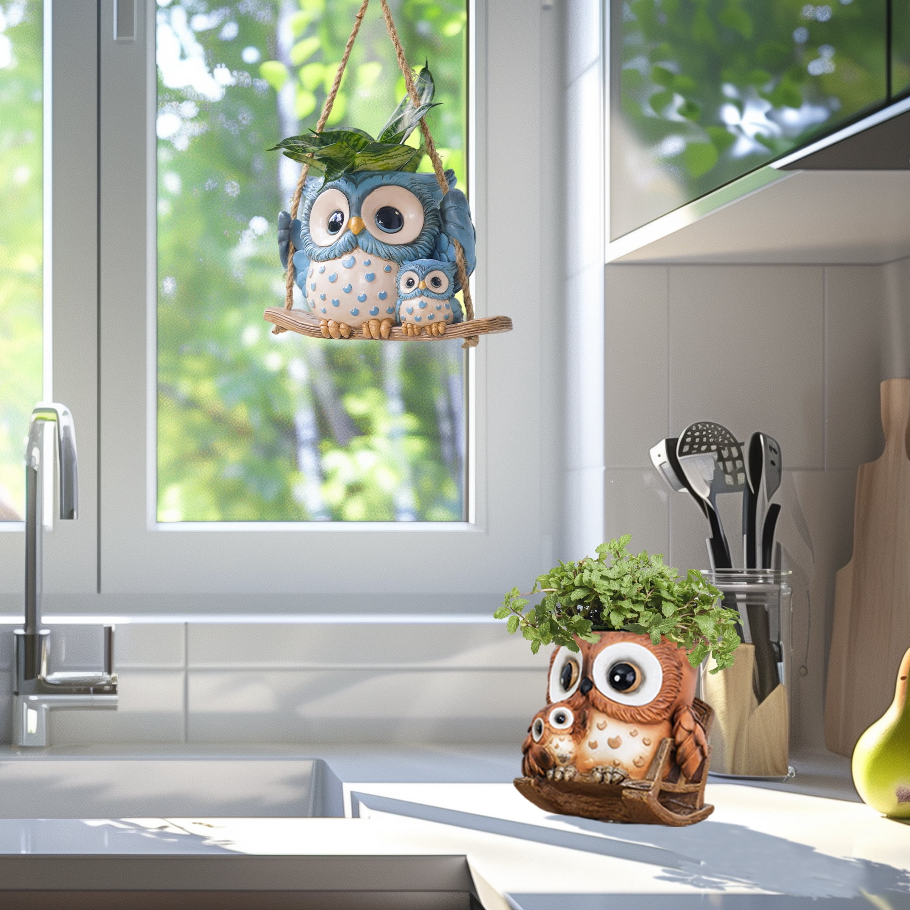Quoowiit Cute Owl Plant Pots Indoor,Resin Small Succulent Pots with Drainage Hole,Rocking Chair Planters for Outdoor Indoor Plants,Gift Ideas for Mother