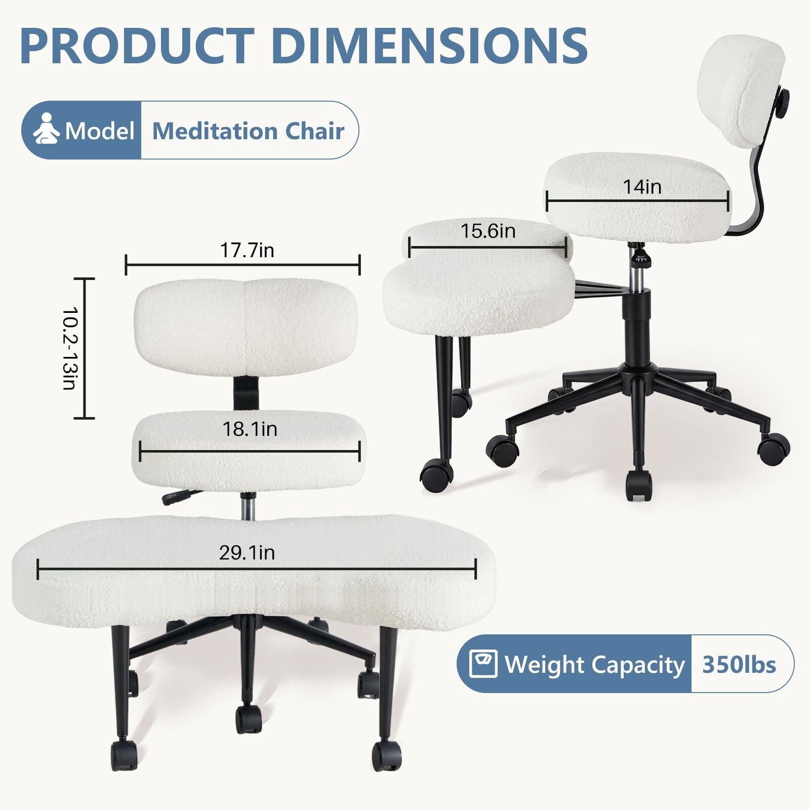 Kelno Cross Legged Meditation Chair with 360° Swivel Footrest Adjustable Backrest Ergonomic Teddy Fleece Office Chair, White