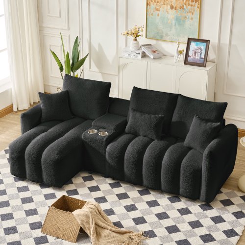91.7" Modern Sectional Sofa, Teddy Fabric Cloud Couch with Console, USB Charger, Cup Holder, Storage, 3 Seat, Black, for Living Room, Apartment, Home Entertainment