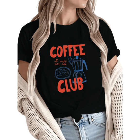 Women Comfortable Coffee Club Retro Moka Pot Graphic T-Shirt Tops Round Neck Cotton T Shirt Black S-5XL