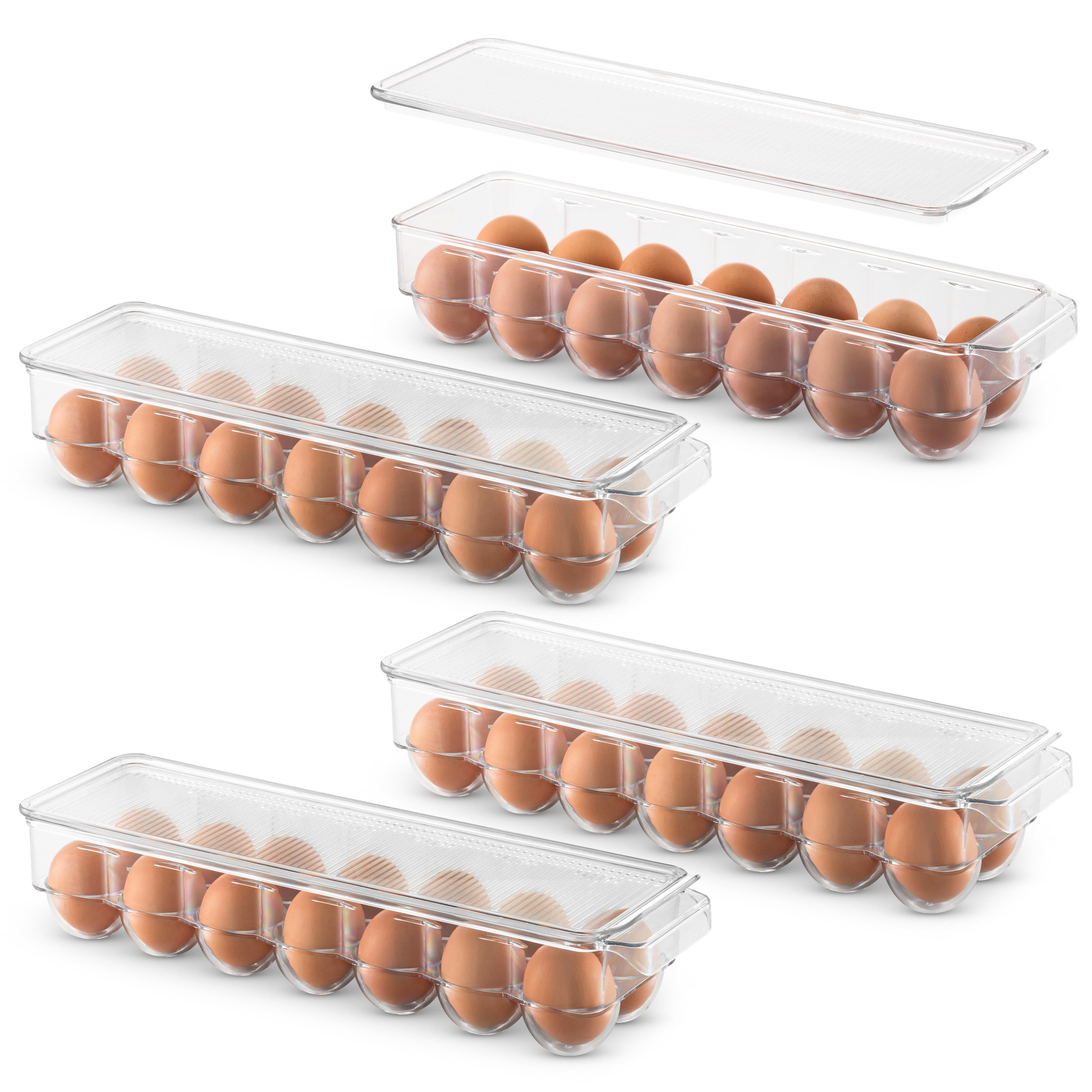 Clear Plastic Egg Trays for Kitchen Fit 14 Eggs Hanobe Egg Holder For Refrigerator Pull Out Bins Fridge Organizer Drawer Stackable Auto Scrolling Egg Storage Container with Lid 