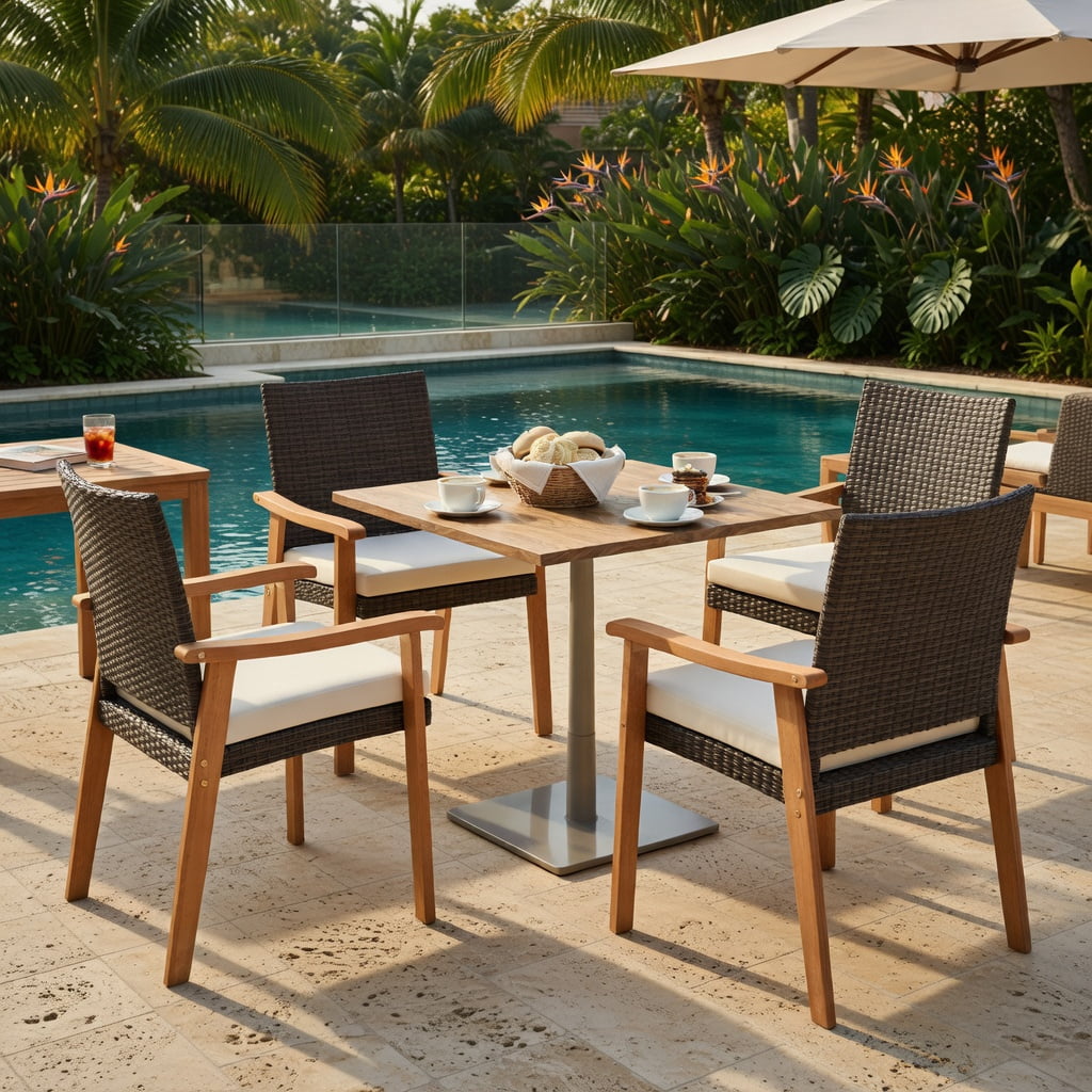 Hommoo 2-Piece PE Rattan Outdoor Dining Chair Set with Removable Cushions & Natural Acacia Wood Armrests, Weather-Resistant Patio Seating for Backyard, Deck or Garden, White