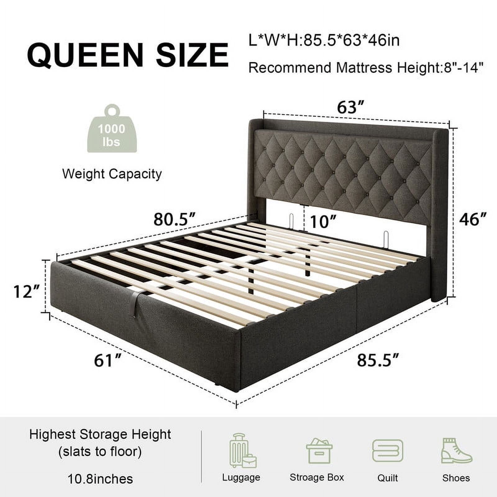 iPormis Queen Size Bed Frame with Lift up Storage & Charging Station, Button Tufted Wingback Upholstered Headboard, Wooden Slats Support, Dark Grey