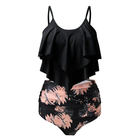 Womens Tankini Swimsuits Fashion Ruffled Tank Top Tummy Control Floral Modest Swimwear High Waisted Strap Split Swimsuit Beach Two Piece Set Black XL