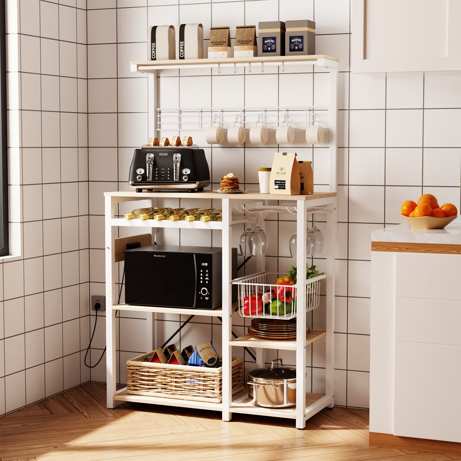 Pantry Cart Microwave Stand with Storage, Behost 60"Coffee Bar Station Kitchen Island Baker Rack for Kitchen,White