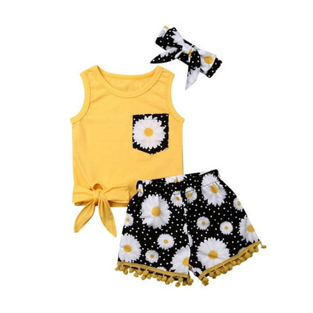 

Pudcoco Kids Girls Sleeveless Pocket Floral Tops Sunflower Printed Tassel Shorts