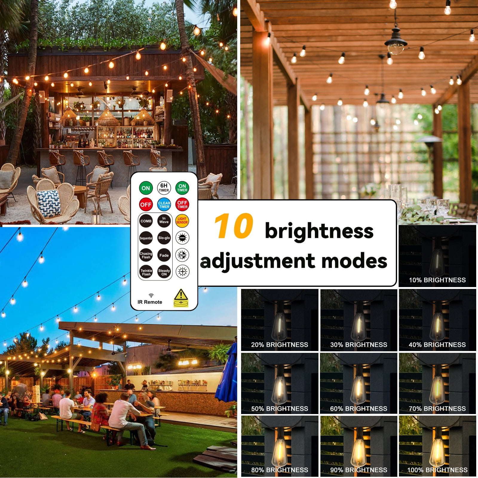 100+10FT LED Outdoor String Lights with Remote, Light Sensor Mode & DIY Timer, 32 Shatterproof ST38 Edison Bulbs, Waterproof & Weatherproof for Patios, Gardens, Energy-Saving, Connectable