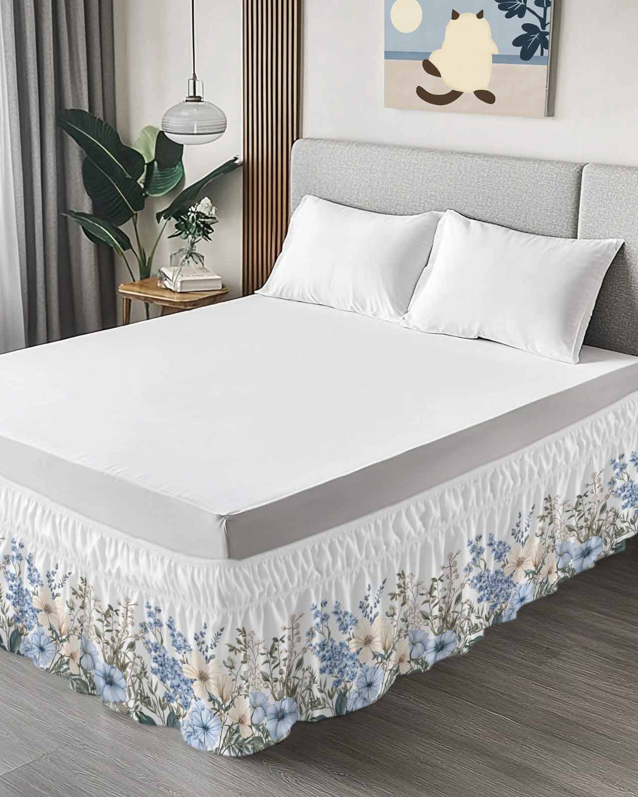 Blue Floral Spring Wrap Around Bed Skirts for Queen Bed 18" Drop,Bed Skirt with Adjustable Elastic Belt Dust Ruffle Bed Valance for Bedroom Hotel Vintage Summer Botanical Flower Bed Frame Cover