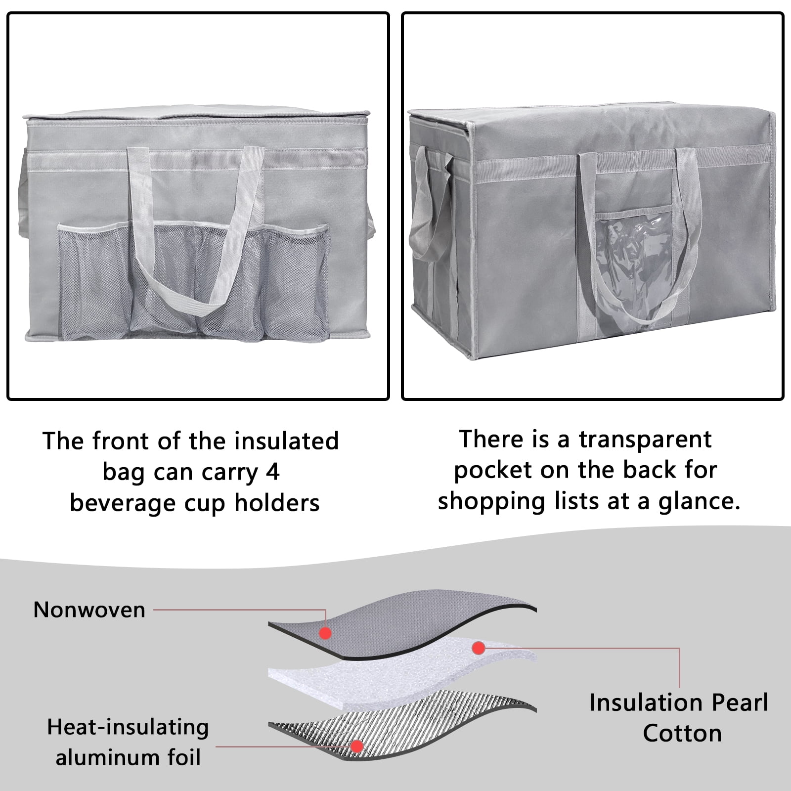XXXL Large Insulated Collapsible Cooler Bags with Zipper Closure, Reusable Grocery Shopping Bags Keep Food Hot or Cold,Ideal for Catering,Grocery Transport，Grey colow with Cup Holder