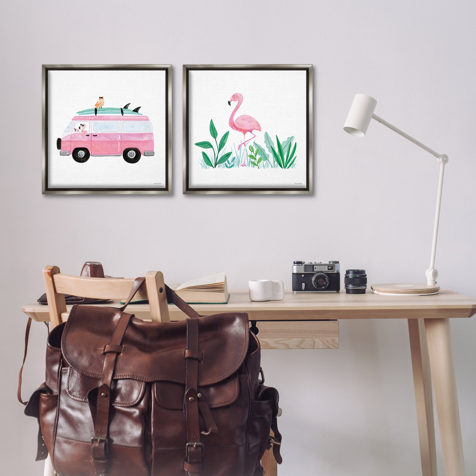 Stupell Industries Flamingos Tropical Vacation Transportation Painting Gray Floater Framed Canvas Art Print Wall Art, 18 x 18, Set of 2