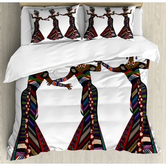 African Woman Duvet Cover Set Queen Size, Young Women in Stylish Native Costumes Carnival Festival Theme Dance Moves, Decorative 3 Piece Bedding Set with 2 Pillow Shams, Multicolor, by Ambesonne