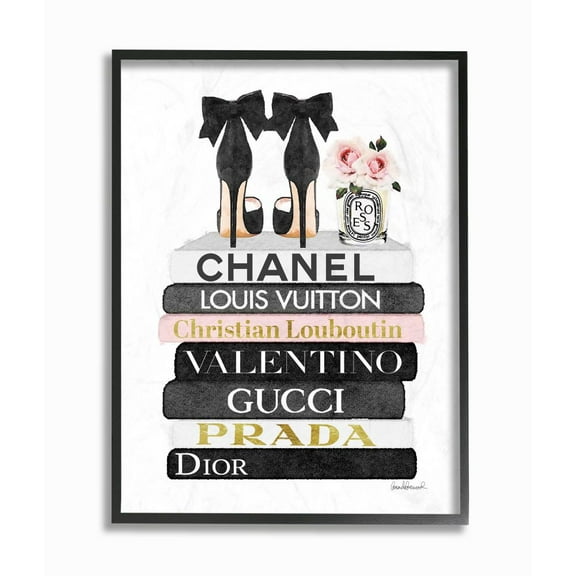 Stupell Industries Fashion Designer Flower Shoes Bookstack Pink Black Watercolor Framed Wall Art by Amanda Greenwood